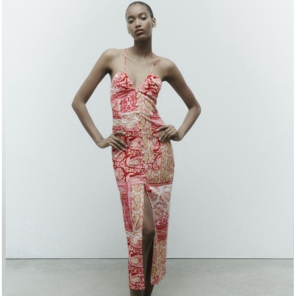 ZARA Paisley Slip Midi‎ Dress Front Slit Boho Beachy Coquette Festival Summer  S